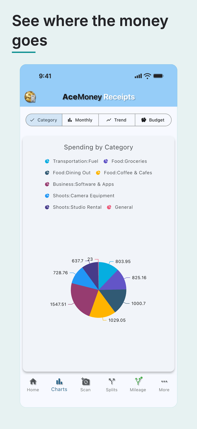 AceMoney Receipts on an iPhone, under the headline “See where the money goes”: the Charts screen, with Category, Monthly, Trend and Budget tabs and a pie chart of spending by category. Sample data.