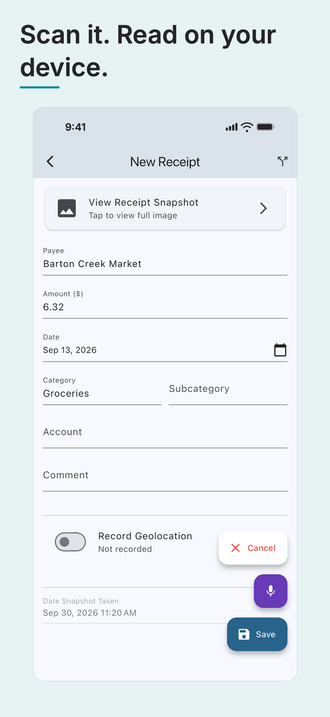AceMoney Receipts on an iPhone, under the headline “Scan it. Read on your device.”: the New Receipt form filled in from a scanned receipt, with the payee, amount, date and category. Sample data.