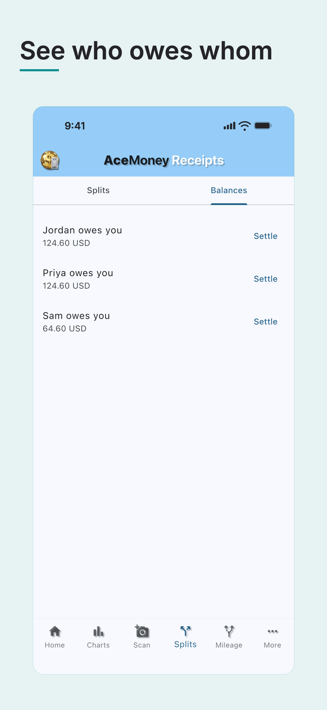 AceMoney Receipts on an iPhone, under the headline “See who owes whom”: the Balances tab, three people who owe you money, each with a Settle button. Sample data.