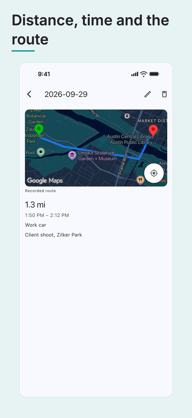 AceMoney Receipts on an iPhone, under the headline “Distance, time and the route”: a recorded trip on a map, 1.3 miles, with its times, the vehicle and the purpose. Sample data.