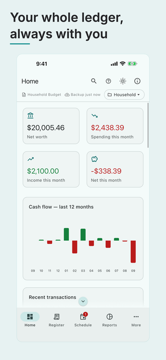 AceMoney Studio Mobile on an iPhone, under the headline “Your whole ledger, always with you”: the Home screen with net worth, spending and income this month, and a 12-month cash flow chart. Sample data.