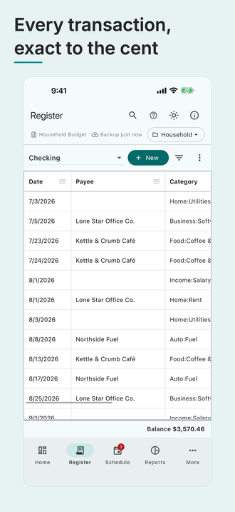 AceMoney Studio Mobile on an iPhone, under the headline “Every transaction, exact to the cent”: the register, a list of transactions with amounts and running balances. Sample data.