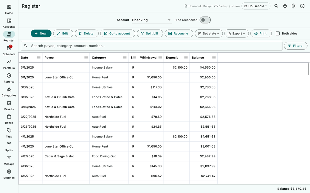 AceMoney Studio’s register: a checking account’s transactions in a table, with New, Edit, Delete and Reconcile buttons above it. Sample data.