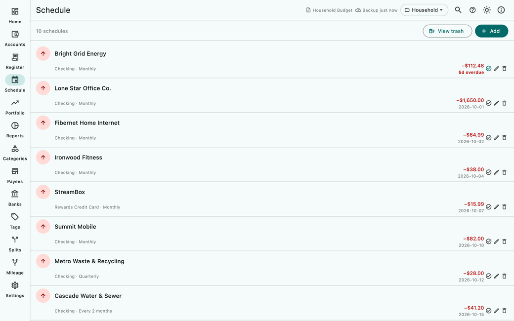 AceMoney Studio’s Schedule screen: a list of scheduled bills with their amounts and due dates, one marked four days overdue. Sample data.