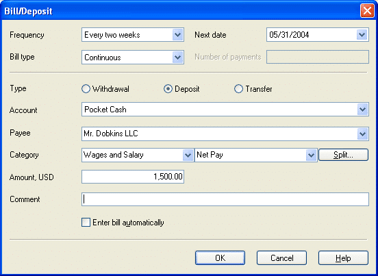 The Bill/Deposit dialog: the paycheck, every two weeks