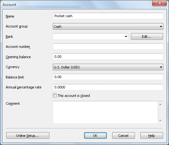 The Account dialog: Pocket cash, in the Cash account group