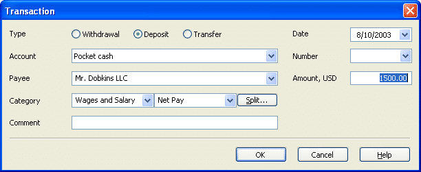 The Transaction dialog: a 1,500 deposit from Mr. Dobkins LLC, category Wages and Salary, Net Pay