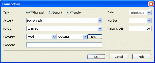 The Transaction dialog: a 100 withdrawal to Walmart, category Food, Groceries