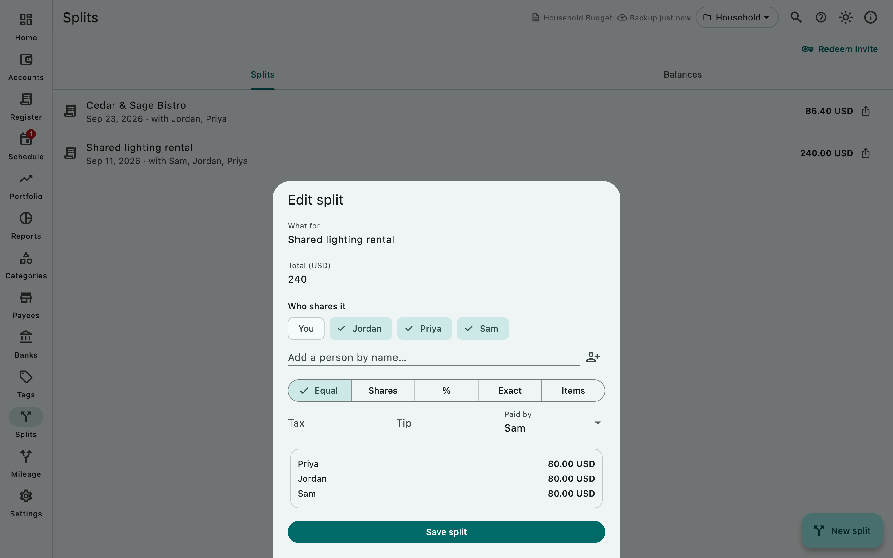 The Split a bill sheet