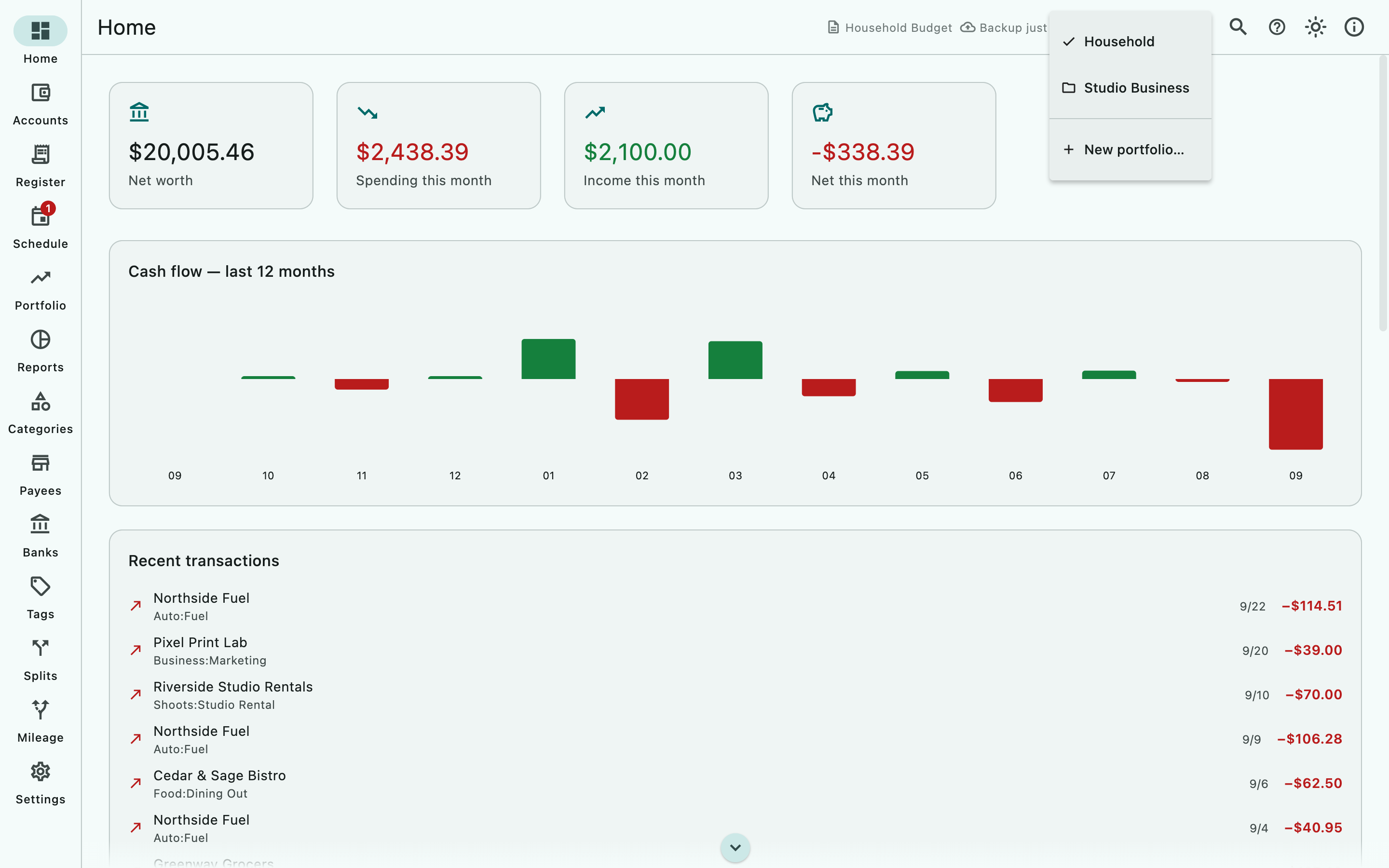 The portfolio switcher in the top bar