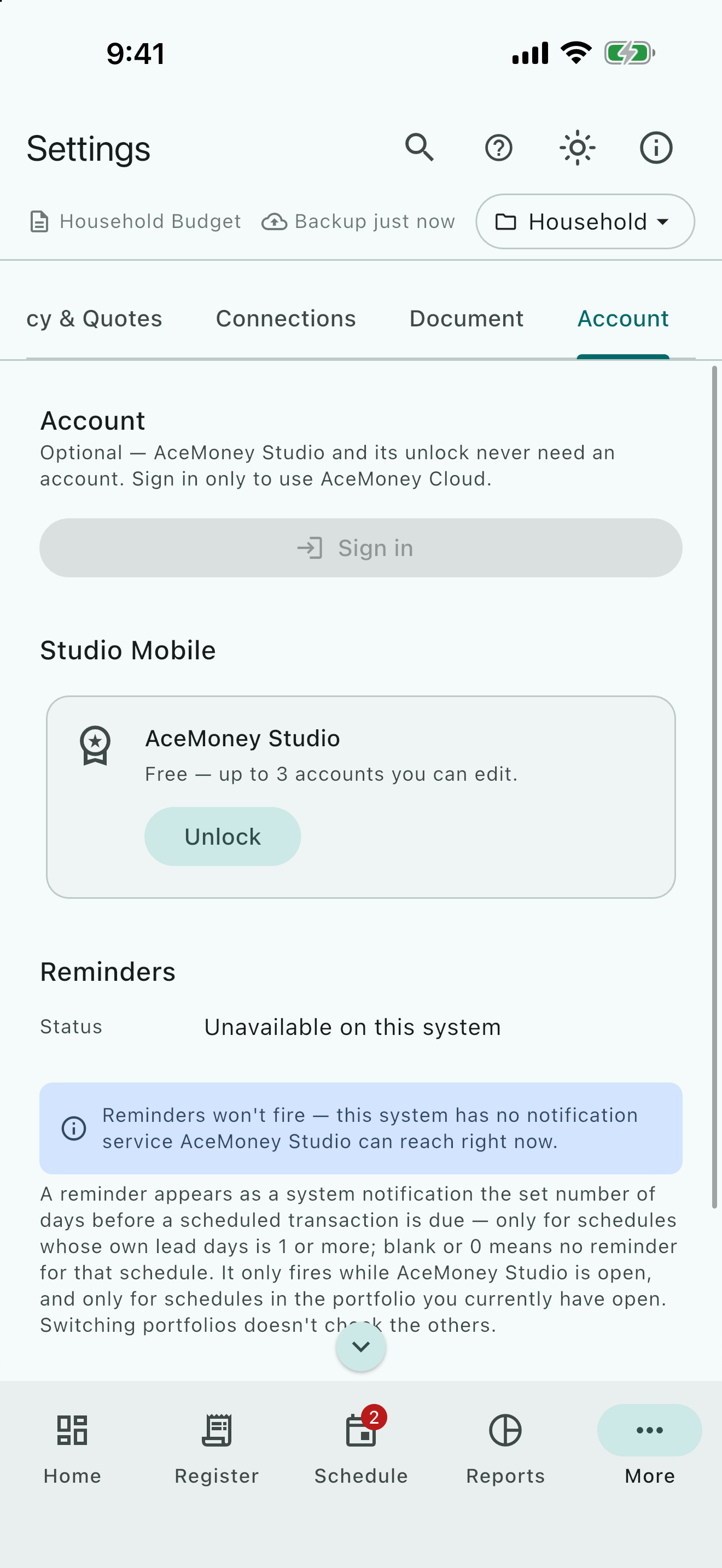 The AceMoney Studio Mobile card on the Account tab with the Unlock button