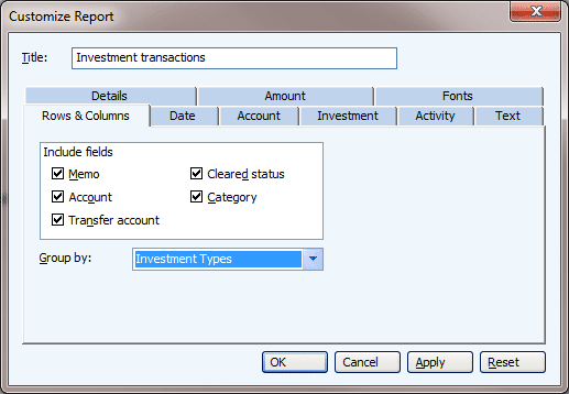 Investment Transactions Filter